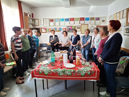 Članice ženskega pevskega zbora se redno družijo. Petje, harmonika, nastopi in praznovanja. 